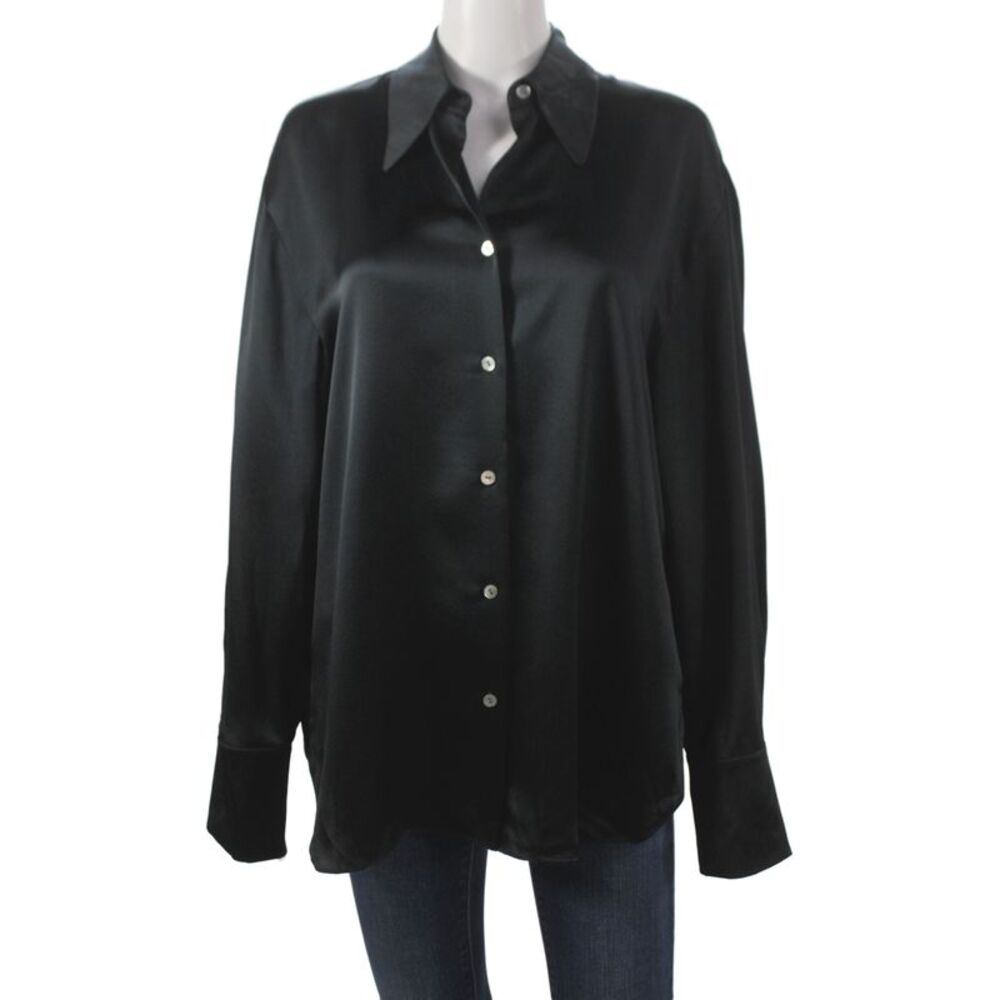 Vince Womens Black Silk Collared Button Up Long Sleeve Basic Size L